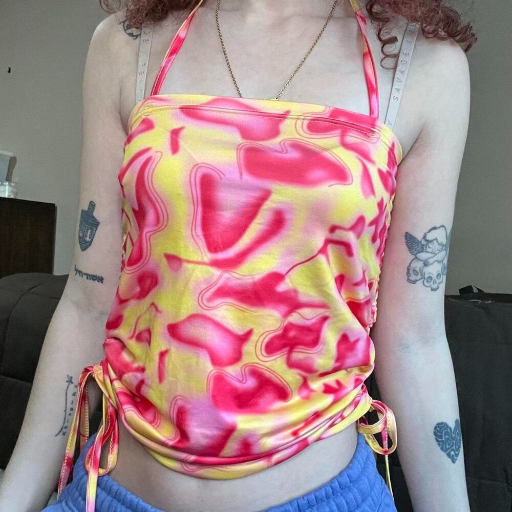 yellow and pink retro tank top with strings